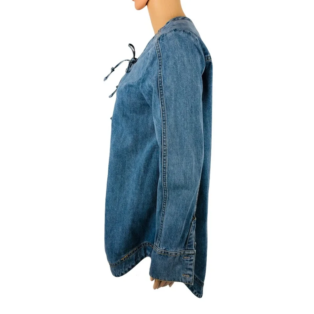 Free People Small Neopolitan Dreams Denim Tunic Lace Up Long Sleeve Cotton Boho